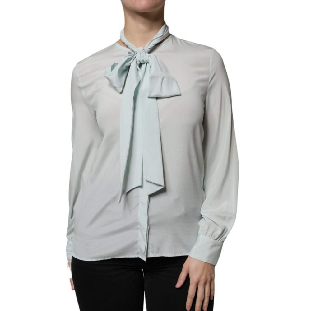 Ballantyne Light Blue Silk Ascot Collared Long Sleeves Women's Top